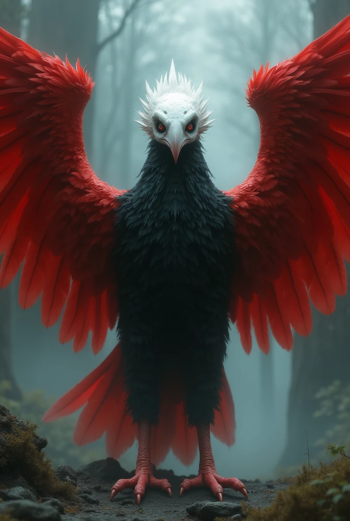 Bird with wite scary face and big red wings