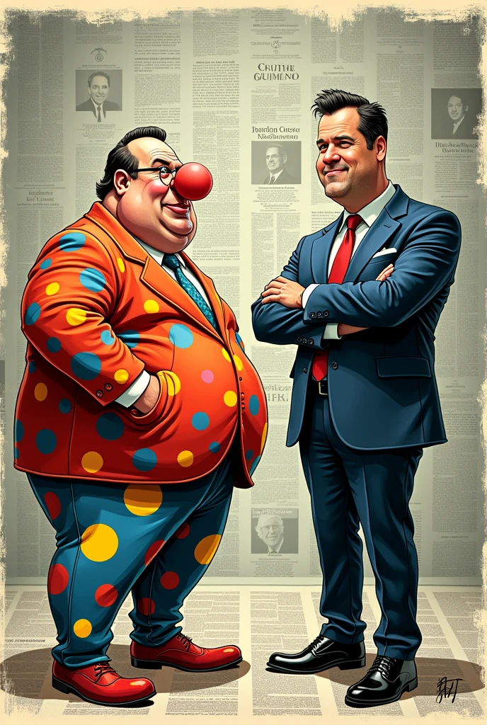 We want our pruncipal not new one news paper cartoon poster with two principal one is fat clown  and othe is handsome gentlemen  