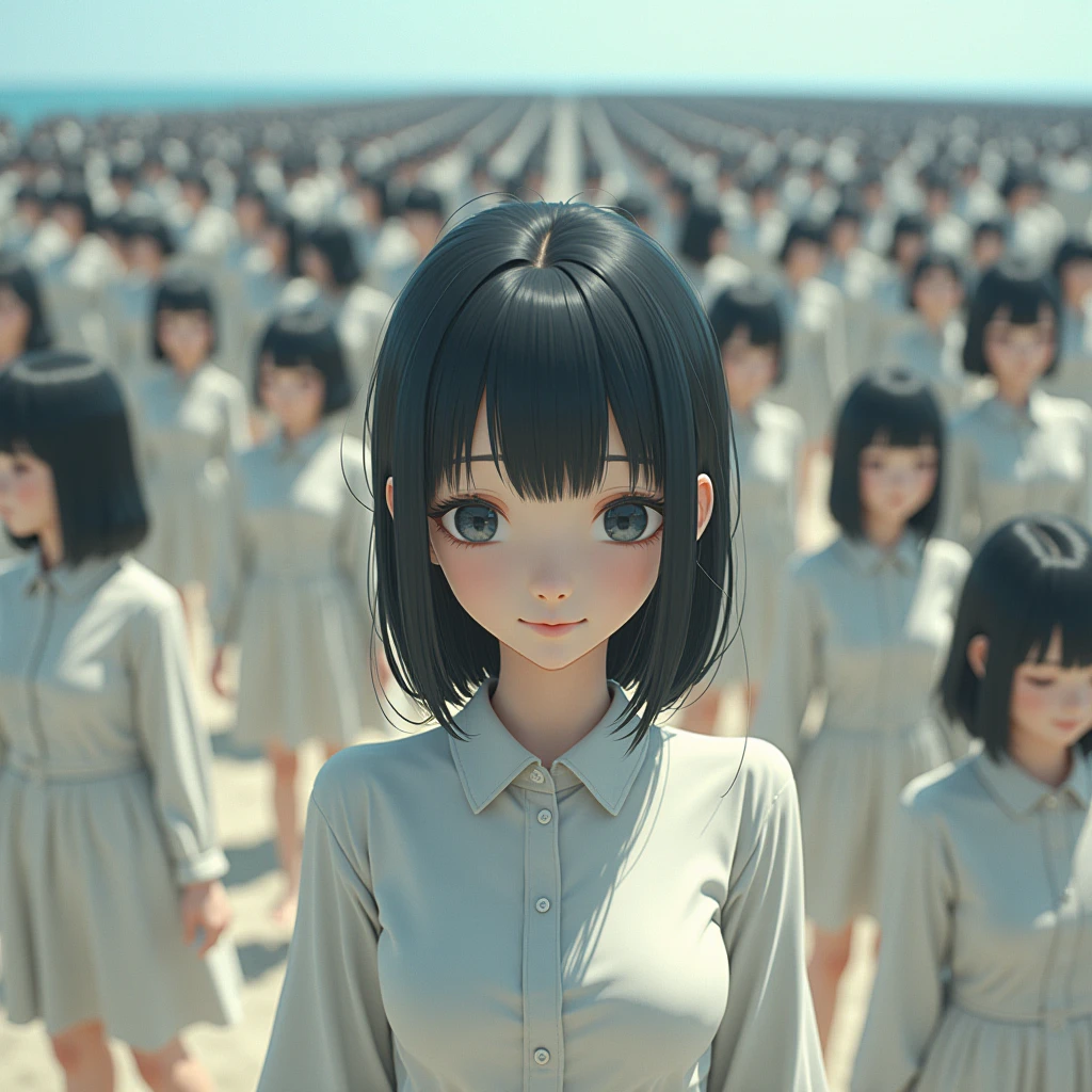 (((((Japanese Clone-girls=Myself))))), (((Super Best masterpiece Clone-girls Raw Photography Art))), (((16K, Highest quality, Ultra-high resolution, RAW Photos))), (((It's so unrealistic., With unparalleled depiction, With an unfathomable sight, An unprecedented and shocking worldview, Clone-girls: In a world of mass reproduction, Ultra-realistic))), (((Japanese Girls, Sasaki Nozomi, 28yo, Small face, Thick black hair, Medium to long hair, Dark Eyes, Mature face, Cute Smile, Smiling face, A gentle gaze, (((Very happy laughter)))))), (((Very beautiful detailed girls, Accurate body structure, Accurate body movements, Very detailed body, (((Super big breasts, Large bulge of ample breasts)))))), (((Pink swimsuit, Cleavage Emphasis, Emphasise the fullness of your breasts))), ((((((((Very detailed, Myself cloning, Depiction of splitting oneself, 1Myself girl→1,000,000,000,000,000,000,000,000,000,000Myself cloning girls)))))))), (((((((Myself clone-girlsから, Myself keeps multiplying, (Very detailed and intricate, To the exact, Flawless, (((In the same female body,With the same face, With the same hairstyle, In the same clothes, At the same height, 同じSuper big breastsである))), In a detailed depiction), 1,000,000,000,000,000,000,000,000,000,000 people))))))), (((((Myself girls only))))), (((((1,000,000,000,000,000,000,000,000,000,000Myself girls))))), (((((Very detailed depiction, Multiple or more Myselves, Physical contact, Pleasant conversation, Holding hands, Hug, walk, Turn around, Shift your gaze))))), (((Very detailed, Extremely crowded, Body-to-body contact with no gaps))), (Bright and soft light), (((((Clear and accurate perspective depiction, super wide view, Ultra-wide field of view, Focus on the average value of the image))))), A crowd of Myself filling up the horizon, 砂浜をwalkMyselfの群衆, View from the heights