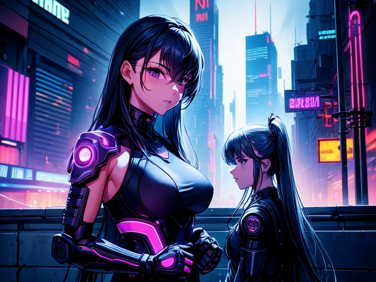 ((2girl)),Very detailed,High resolution,4K,8k,masterpiece,High resolution,Late Night,Cyberpunk cityscape,Vibrant neon glow,Cyber ninja holding a princess