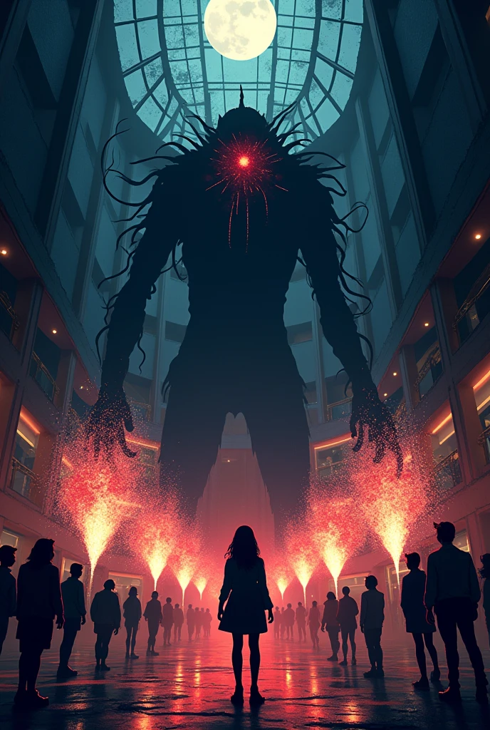 "A dramatic scene from Stranger Things Season 3, illustrated in a minimalist style inspired by Olly Moss. The image captures the intense battle inside Starcourt Mall. Eleven, who is silhouetted in stark black, stands at the forefront, facing the towering, monstrous silhouette of the Mind Flayer. The Mind Flayer's form is reduced to bold, simple shapes, with its many tendrils extending menacingly, and its red, glowing core as the only detailed feature.

Behind Eleven, her friends are positioned in a semi-circle, launching bright, colorful fireworks at the creature, the explosions depicted in vivid bursts of light against the dark backdrop. The shattered glass ceiling of the mall is suggested with jagged, minimalist lines, letting in beams of moonlight that add contrast to the composition. The scene is bathed in deep, contrasting colors—blacks, reds, and blues—emphasizing the tension and drama, while maintaining a clean, simple aesthetic that evokes the emotional intensity of the moment."