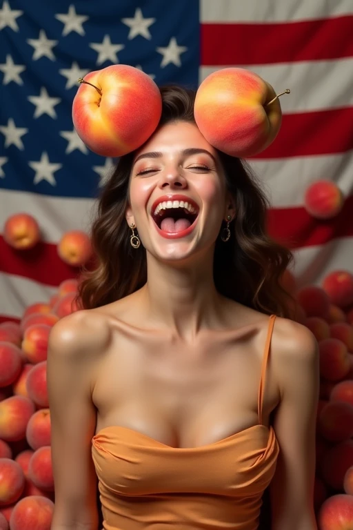 One incredibly beautiful American woman in her 30s。Facing forward、Mouth wide open。The expression is、Sexually lewd expression、Ecstatic expression、I feel a strong sense of ecstasy。I know the pleasure of sex for women.。The head is peeled、Wearing a large real peach。The chest is wide open。There are peaches all around。Covered in peaches。Fully clothed。Background、In the colors of the American flag。9:In 16 sizes。Highest quality、A masterpiece please。