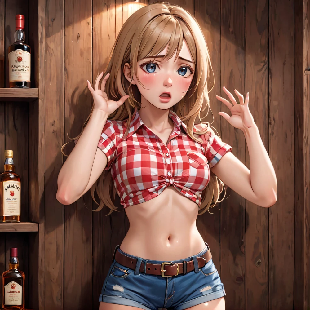 ((best quality)), ((highly detailed)), masterpiece, (detailed eyes, deep eyes), (1girl), dynamic angle, cowboy shot, mlpapplejack, woman, smile, looking at viewer, ((blonde hair)), low-tied pony tail, ((green eyes)), denim shorts, red checkered flannel shirt tied above navel, hiking boots, gleeful smile (outdoor, forest), flashing breasts, ((exposed breasts, nipples)), graceful pose, realistic proportions, woman, cupping breasts, puckered lips, open shirt, rolled sleeves, belt buckle, lace bra, stepping out of a tent, sexy pose, kneeling in a tent, nipples