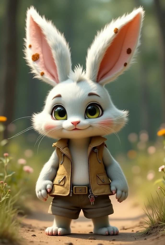 Nanachi is an anthropomorphic creature with large, furry rabbit ears that are white with brown spots. Their body is light gray with soft fur. They have large, green eyes and a friendly, curious expression. Nanachi wears a sleeveless shirt and shorts in earthy tones.
