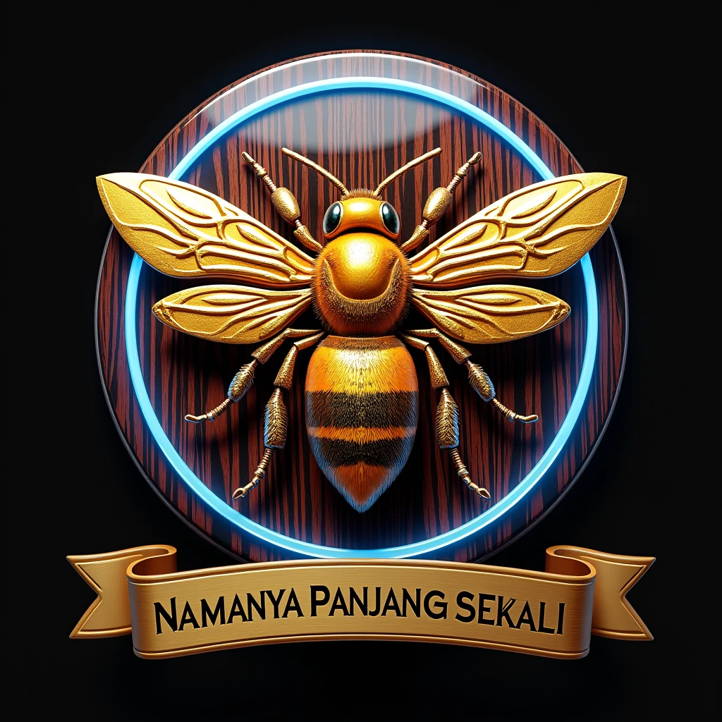 Realistic 3D logo made of shiny glossy glass. In the middle is a majestic queen bee with glossy and realistic colors, with glossy golden batik pattern around, like a royal symbol. with blue neon lights on the edges. The logo should be 3D and very glossy. The background is rosewood grain, so that it highlights the details and luxury of the logo. On the ribbon below the logo is the text "NAMANYA PANJANG SEKALI" in bold and spelled correctly. Very detailed, renderMan. The logo should be perpendicular to the viewer.