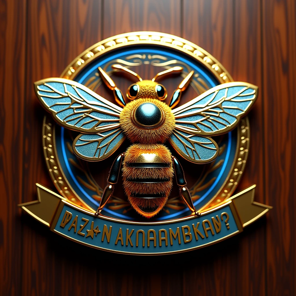 Realistic 3D logo made of shiny glossy glass. In the middle is a majestic queen bee with glossy and realistic colors, with glossy golden batik pattern around, like a royal symbol. with blue neon lights on the edges. The logo should be 3D and very glossy. The background is rosewood grain, so that it highlights the details and luxury of the logo. On the ribbon below the logo is the text "NAMANYA PANJANG SEKALI" in bold and spelled correctly. Very detailed, renderMan. The logo should be perpendicular to the viewer.
