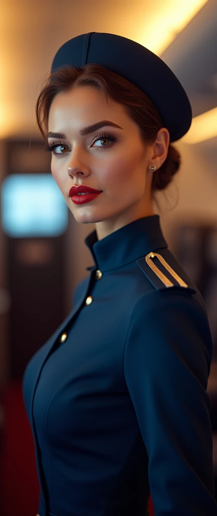 a beautiful female hostess in a flight, wearing  dark blue flight attendant uniform detailed realistic portrait, high quality, photorealistic, extremely detailed eyes and face, long eyelashes, mature elegant expression, red lips, flight attendant uniform, standing in an airplane interior, warm lighting, intricate details,, 8k