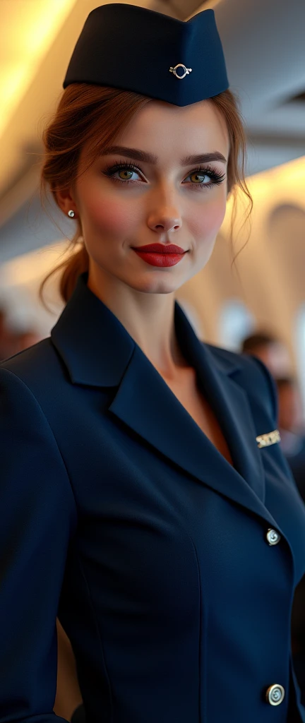 a beautiful female hostess in a flight, wearing dark blue flight attendant uniform detailed realistic portrait, high quality, photorealistic, extremely detailed eyes and face, long eyelashes, mature elegant expression, red lips, flight attendant uniform, standing in an airplane interior, warm lighting, intricate details,, 8k
