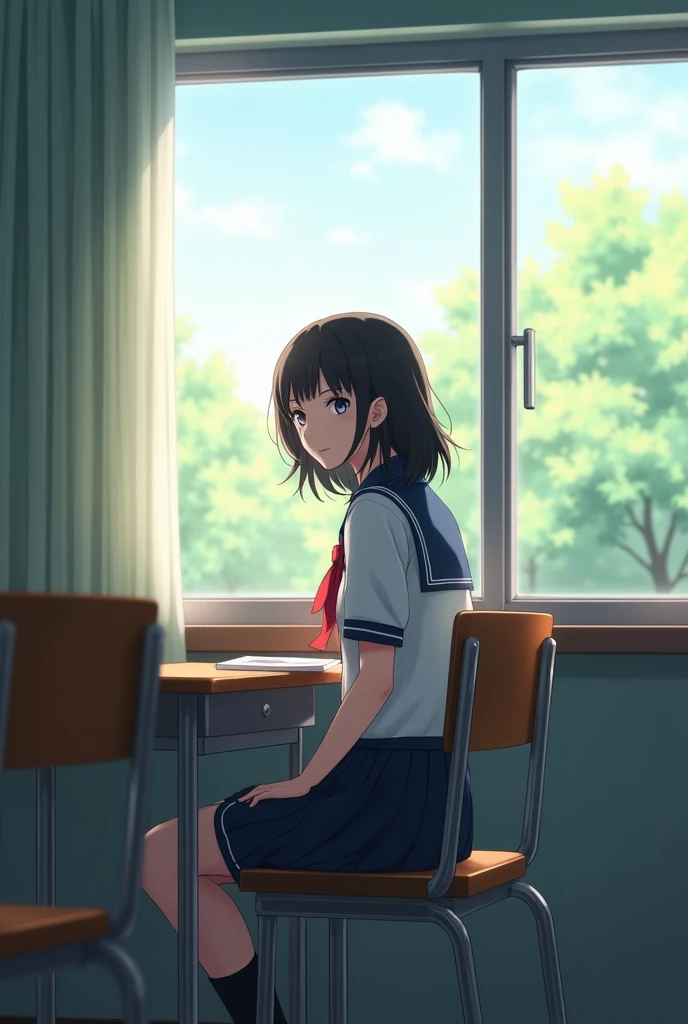 A girl in a high school classroom，The last row by the window，Looking out the window，Wearing school uniform，Smiling happy expression，Shinkai Makoto style，Anime style
