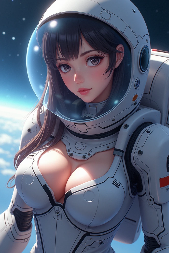 a highly detailed anime waifu astronaut in a futuristic space suit, wearing a sleek space helmet, with intricate and complex details, in a photorealistic style, 8k resolution, close-up view, big breasts, cleavage,
