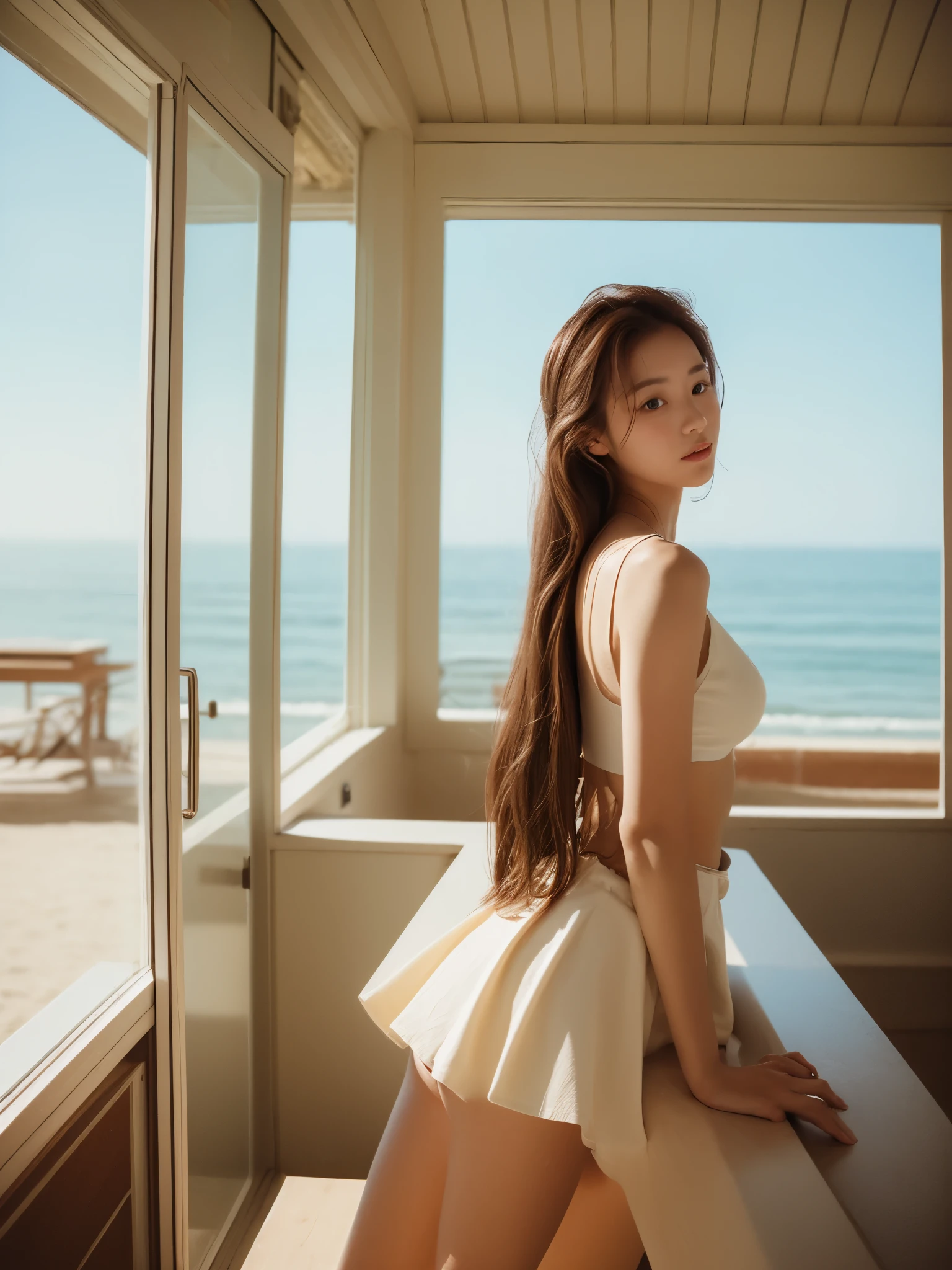 Top quality, 1 beautiful woman, wearing summer fashion, mini skirt 35mm lens, f/1, at beach house, long hair, brown hair, from side