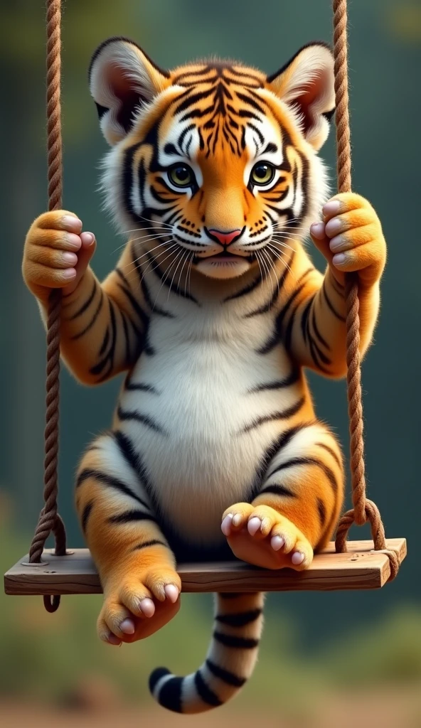 A tiger cub sitting upright on a swing,Real tiger,animal,biology,Two claws grab the rope of the swing,hairy big belly