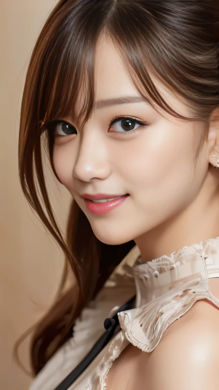 (8k, Highest quality, Genuine、 Ultra-high resolution:1.5),Beautiful Japanese Woman, ((Cute Smile)),(Updo), (Blouse with a large collar), A side profile peering into this, Close-up shot of face、