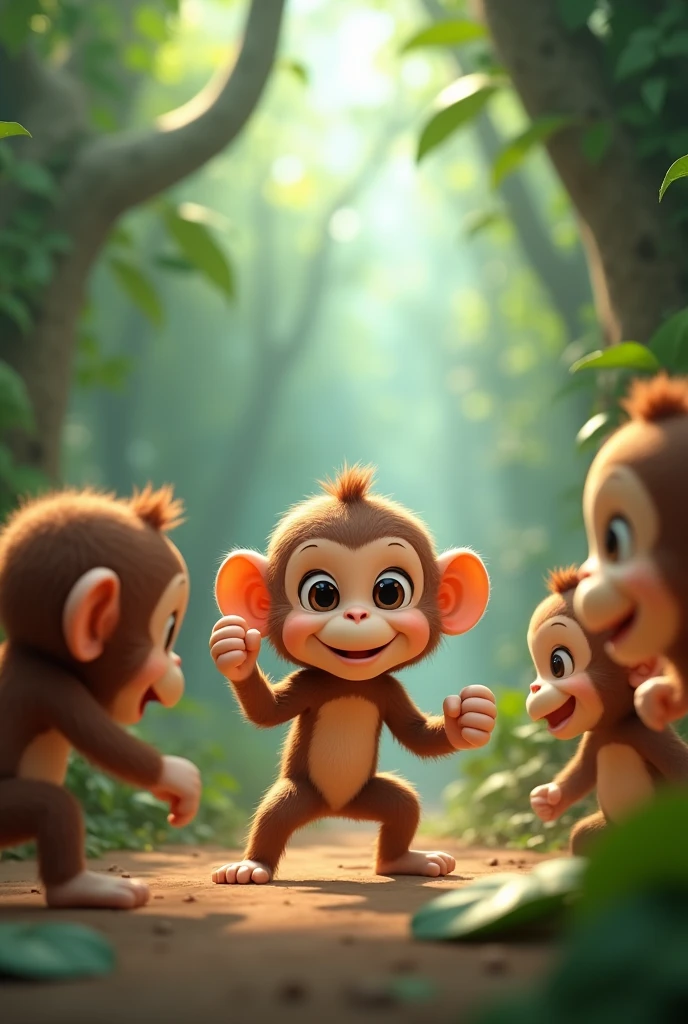 A little baby monkey is punching other monkeyn
