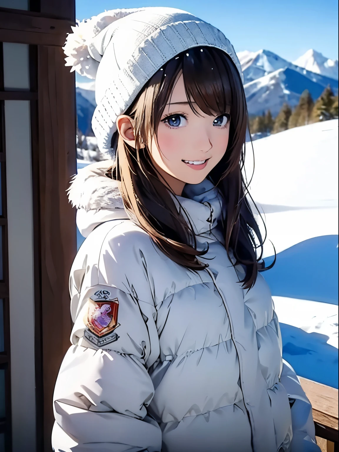 High resolution, 8k, Highest quality, detailed, Semi-realistic anime, Anime 3D Style, Smooth anime CG, One Girl, A 20-year-old Japanese woman, slim, Modeled, Shiny brown hair, detailedな顔, Beautiful and detailed, Glowing Skin, Hard Focus、Film Grain, Soft lighting, Looking at the audience, Laughter, (Winter mountain style with a warm down jacket and knitted hat), A magnificent mountain range covered in pure white snow