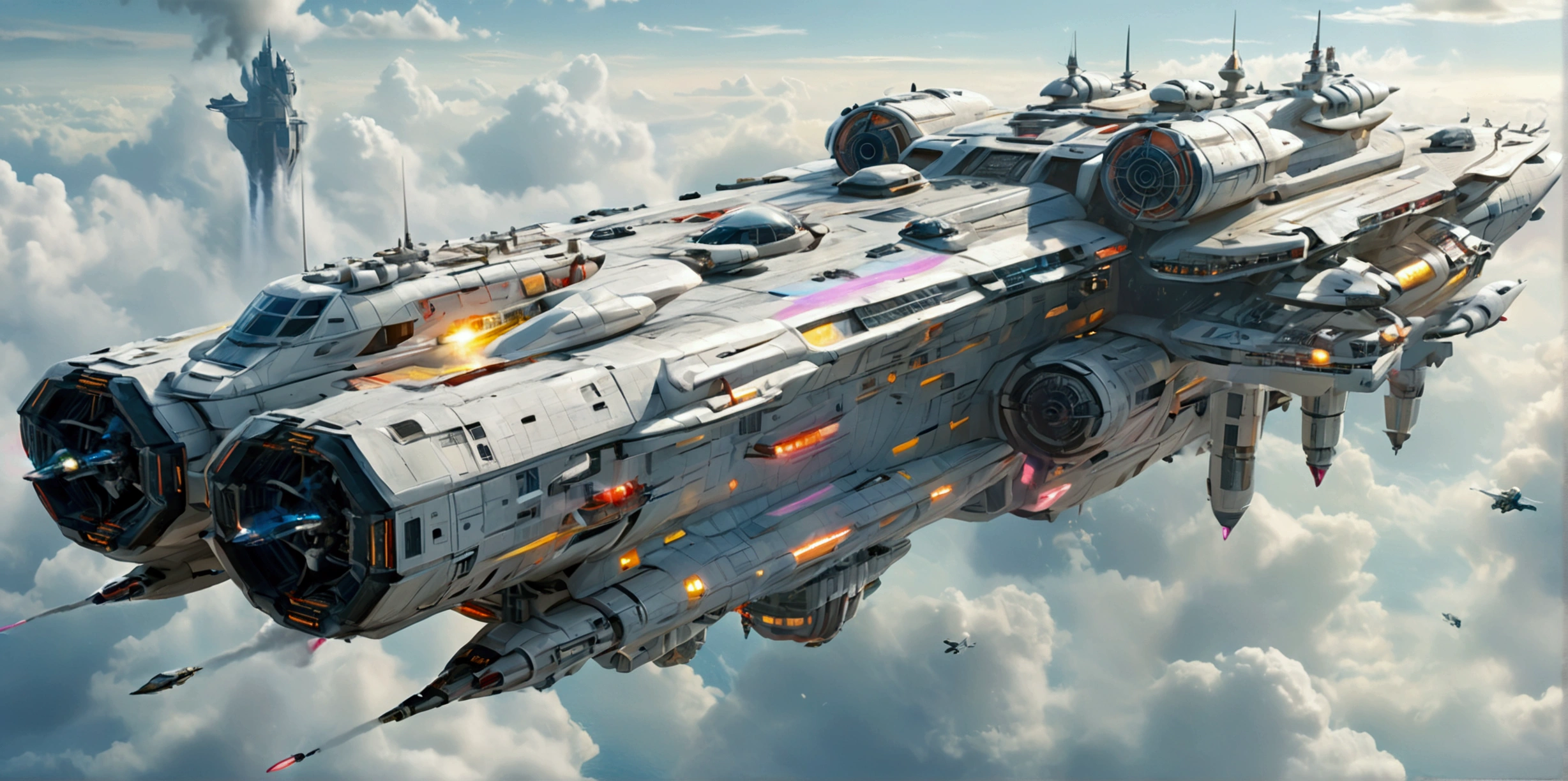 A long wide giant heavily armored divine futuristic flying all terrain biomechanical space battleship covered in rainbow batik pattern and glowing javanese runic symbols, multiple retractable cybernetic legs with wheels on the tip, divine halo, flying hovercraft, flying submarine, flying aircraft carrier, flying hotel, flying resort, flying city, flying skyscraper, flying cruise ship, flying yacht, flying castle, flying military base, multiple thrusters, multiple helipad, multiple propeller, mobile headquarters, mobile command center, automatic turrets, missile banks, missile defense system, multi-port rear engine arrays, large pivoted missile pods, anti-air batteries, reactive armour over vital spaces, VTOL thrusters, ventral ground-facing VTOL thruster bays, retractable center cannon, super carrier, sky carrier, space station, floating city, floating castle, white background