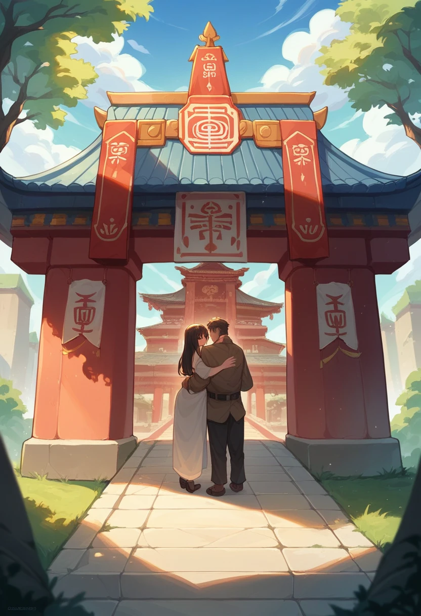 A couple at the temple the name of temple is iscon men scrolling on her hair and the women hugging him and they both are making eye contact they are standing some distance from the temple with the open sky
