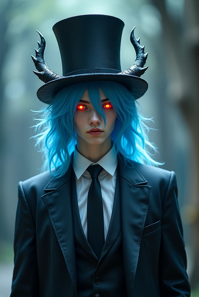 1 tall pale guy with blue hair wearing a suit without a jacket, He wears a hat with angelic-looking horns and wings, his eyes reflect a red light.