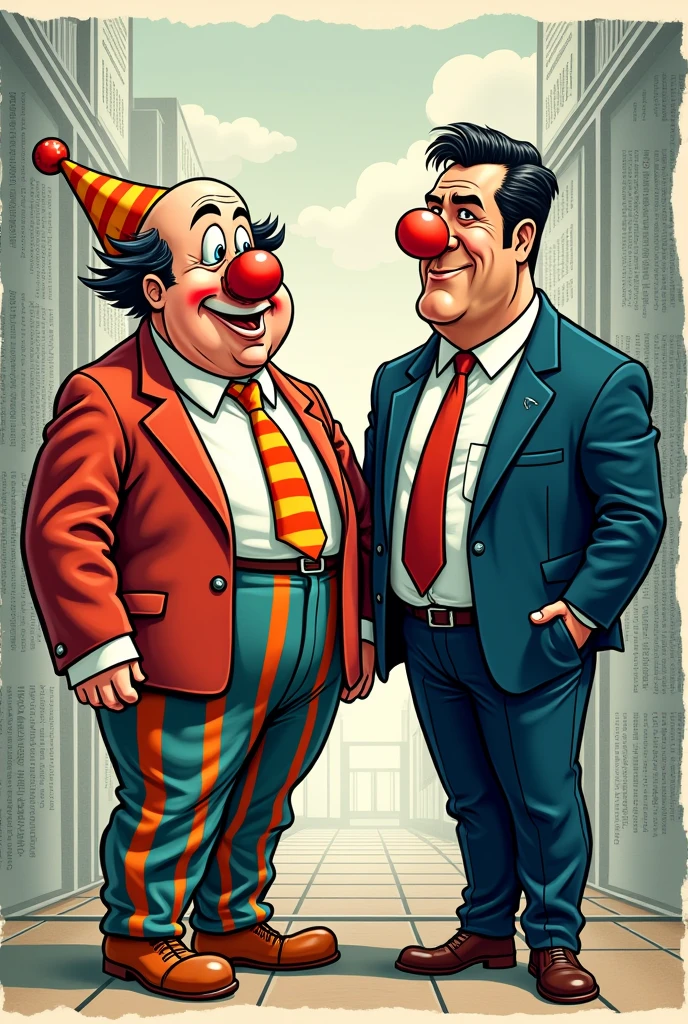 We want our pruncipal not new one news paper cartoon poster with two principal one is fat clown  and othe is handsome gentlemen  