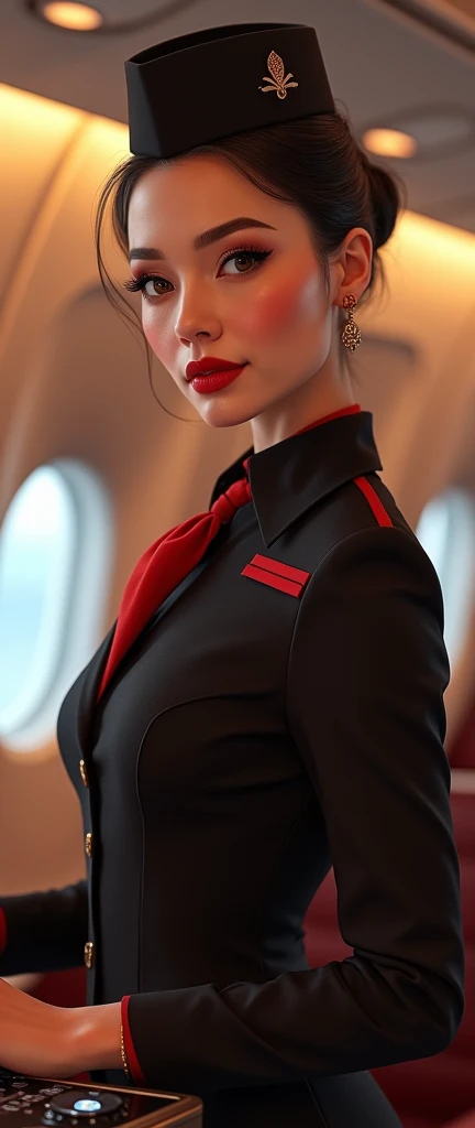 a beautiful female hostess in a flight, DJ DJing,  wearing  flight attendant uniform detailed realistic portrait, high quality, photorealistic, extremely detailed eyes and face, long eyelashes, mature elegant expression, red lips, flight attendant uniform, standing in an airplane interior, warm lighting, intricate details,, 8k