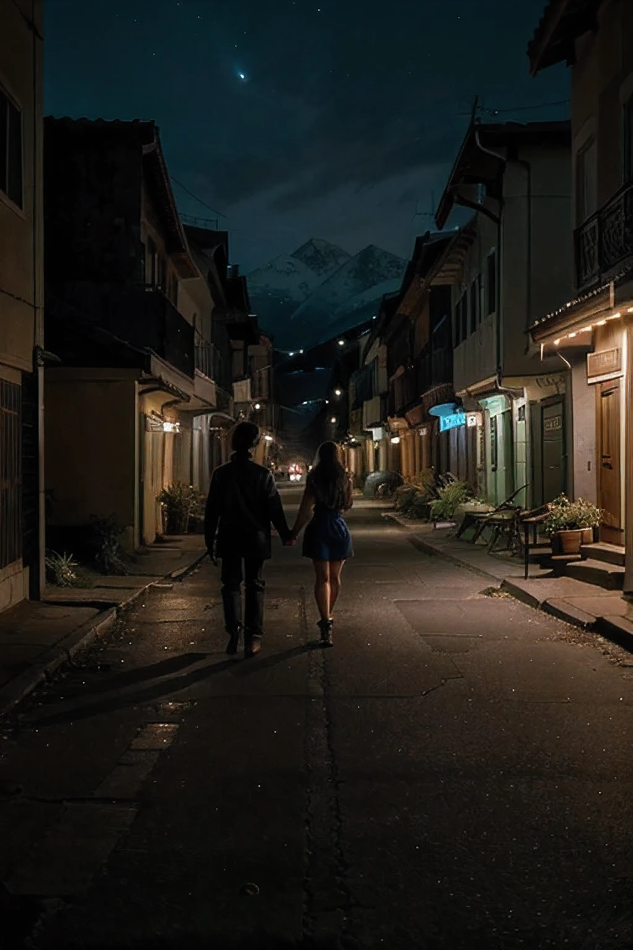 Take a nighttime stroll down a quiet, empty street with a special someone. Capture the serene ambiance and the contrast between two different kinds of companionship. Show the fun and unique moments with each person, highlighting what makes each relationship special. How do your nighttime adventures differ? Share the moments that make these walks unforgettable in mountains