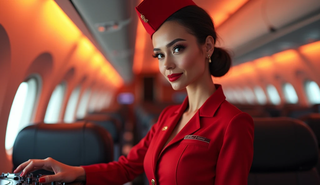 a beautiful female hostess in a flight, DJ DJing, wearing flight attendant uniform detailed realistic portrait, high quality, photorealistic, extremely detailed eyes and face, long eyelashes, mature elegant expression, red lips, flight attendant uniform, standing in an airplane interior, warm lighting, intricate details,, 8k