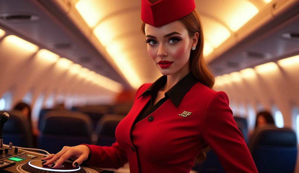 a beautiful female hostess in a flight, DJ DJing, wearing flight attendant uniform detailed realistic portrait, high quality, photorealistic, extremely detailed eyes and face, long eyelashes, mature elegant expression, red lips, flight attendant uniform, standing in an airplane interior, warm lighting, intricate details,, 8k