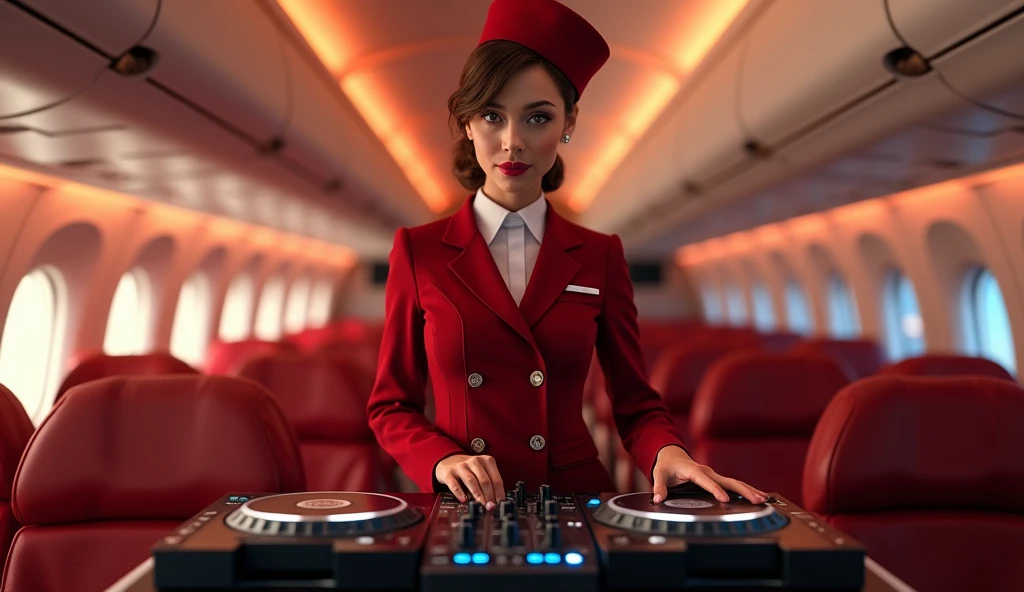 a beautiful female hostess in a flight, DJ DJing, wearing flight attendant uniform detailed realistic portrait, high quality, photorealistic, extremely detailed eyes and face, long eyelashes, mature elegant expression, red lips, flight attendant uniform, standing in an airplane interior, warm lighting, intricate details,, 8k
