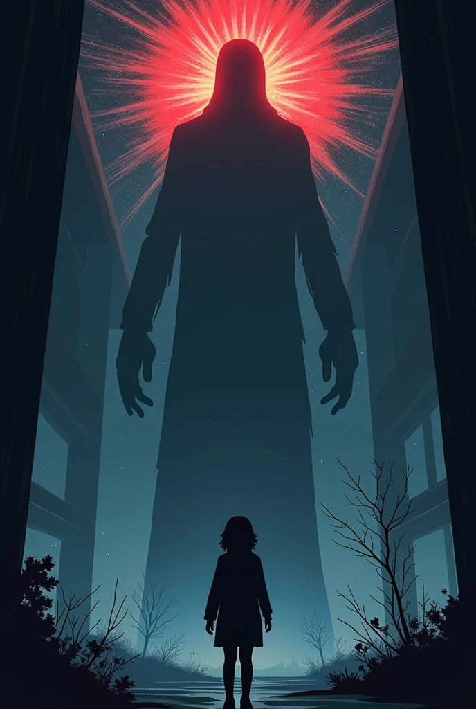 "A minimalist scene inspired by Stranger Things Season 3, in the style of Olly Moss. Eleven stands in front of the massive, shadowy silhouette of the Mind Flayer inside Starcourt Mall. Her silhouette is bold and black, with fireworks exploding in bright, simple bursts of color around her. The Mind Flayer looms above, its glowing red core contrasting with the dark, simple shapes of its body. The shattered glass ceiling lets in beams of light, adding depth to the scene, all rendered in clean, contrasting colors and minimalistic lines."