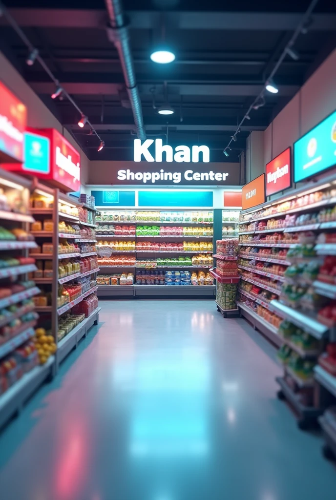 Make me a thumbnail for my YouTube channel in we open a super market name is khan shopping center with out any character and it's size is YouTube thumbnail