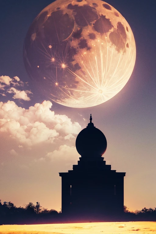 Highest quality,Big moon and shadow,A silhouette of a person can be seen against the backdrop of a large moon.,There is one full moon,There is a mood,Beautiful scenery,Starry Sky