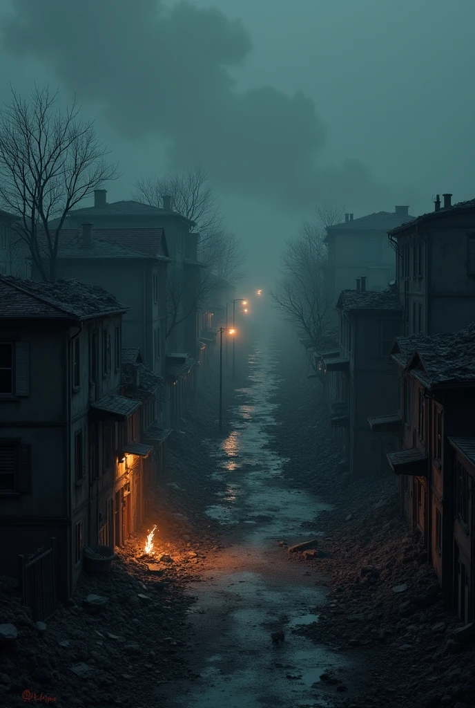 Night city scene, no people, high angle, houses destroyed after the battle.