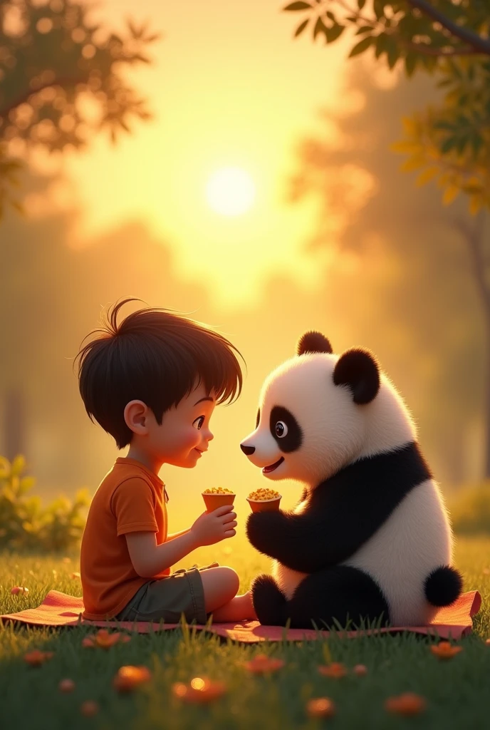 Leo and the panda sit side by side as the sun sets, casting a warm glow over them. They are sharing snacks, and the scene reflects a sense of peaceful companionship and happiness.