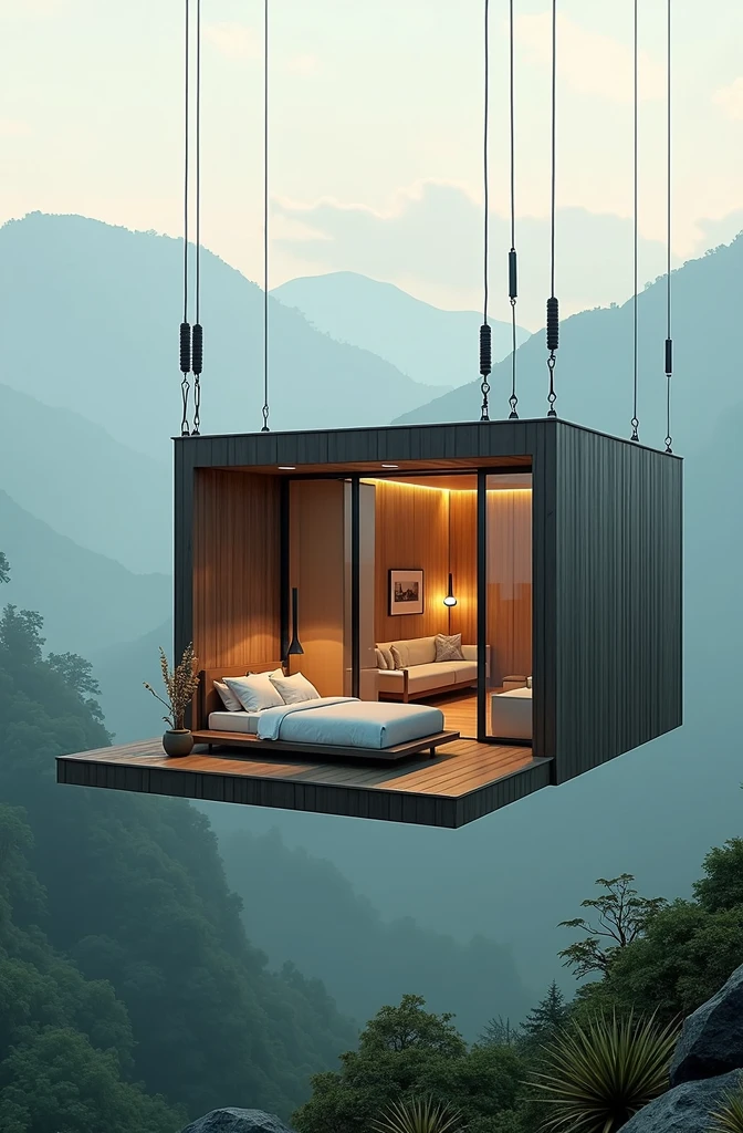 Hotel room well designed hanged by crain in beautiful region off hilly mountain with good view 
