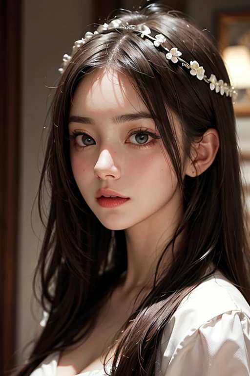 (1 Girl:1.3), solo, (((Very Very Detailed face))),((Very detailed eyes and face))),(Full body portrait:1.5)(Light pink hair:1.5), (Pink Eyes:1.5), Pink and white, Sakura Leaves, Bright colors, White Dress, Paint splatter, Simple background, Ray Tracing, curls