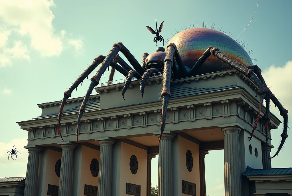 realistic style, photo, photorealistic, high detail, (sharp), (photorealism:1.2), (photo:1.2) of a giant spider sleeping on the roof of Brandenburg Gate. Alien insect sliming on columns, webs through columns, spider cocoons