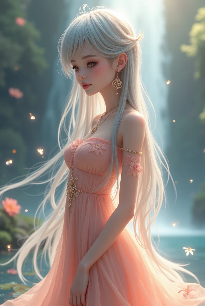 Light peach pink dress、thong&good,(((Very elegant and beautiful、Perfect detail、Very detailed))),whole body,Top quality,Depth of the boundary,美しい細部のwhole body,Thin legs,One person、very long straight hair、Spiky Hair、gray and silver hair、Beautiful detailed hair、Perfect Face、Expressionless and beautiful. Beautiful. Detailed.、 Deep Eyes、Please open your mouth a little、Delicate arms and hands、Pale Skin、Earrings、Beautiful and gorgeous necklace、Colorful background、HD Background、Blurred background,Very delicate and beautiful,masterpiece,(((Highest quality,Very beautiful 8K CG wallpaper))),(((Trendy Hairstyles))),(Mysterious lake below the waterfall、goddess、Water Fairy)、Large Breasts、firefly、Fairy powder、Illustration、Sparkle Effect, Lens flare, Surrealism, Gentle colors, Soft Light, realism, Digital Art, Anime Style, Illustration,