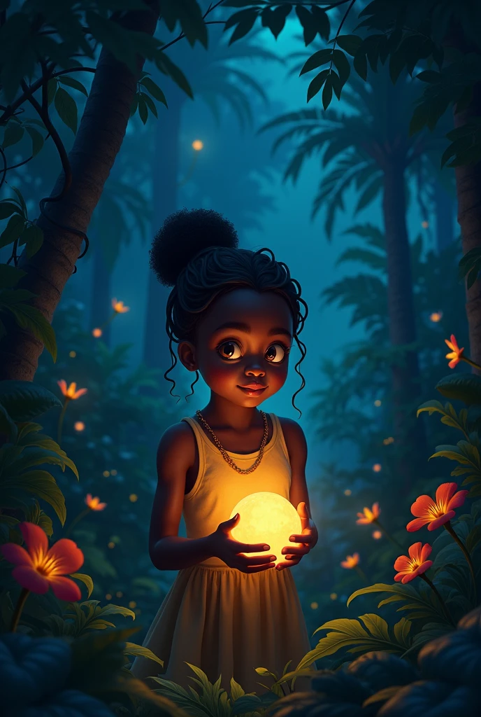 An African girl in the middle of the jungle at night finds a glowing calabash
