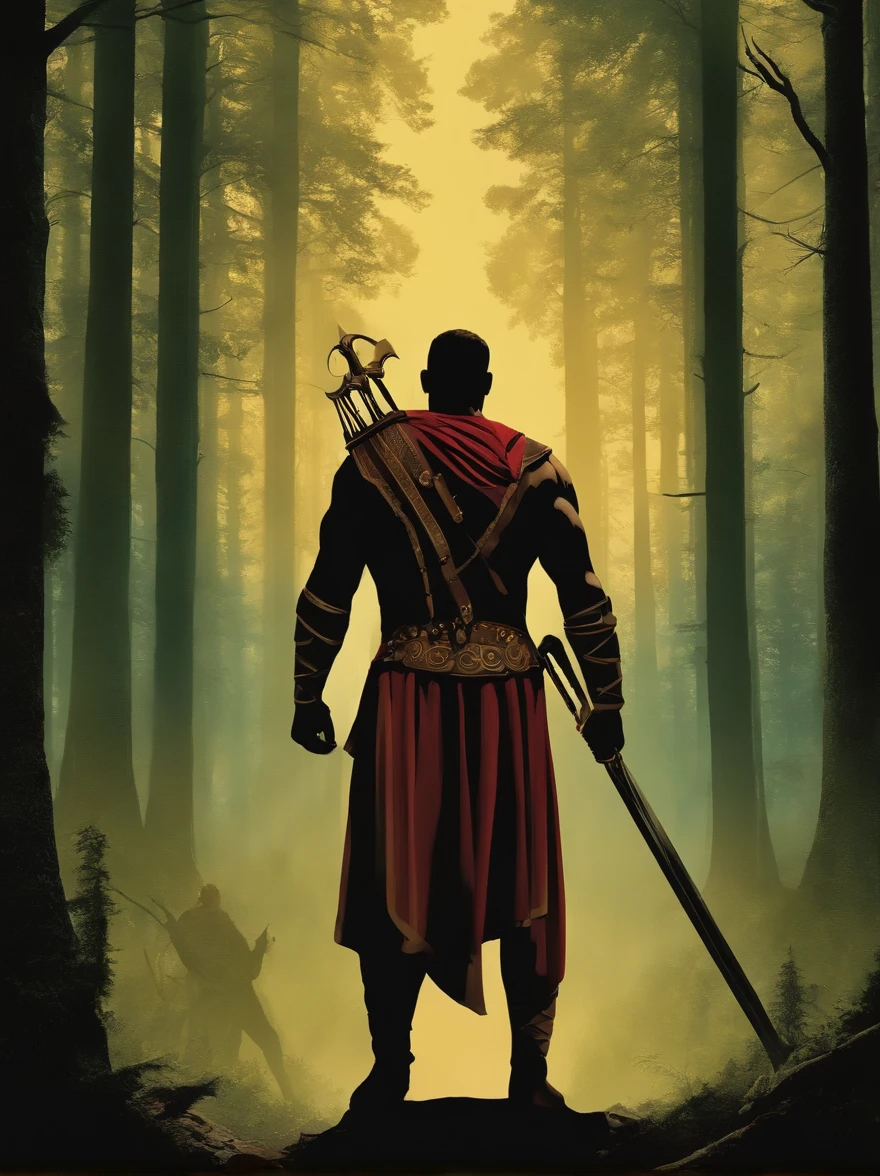 David genoux à terre face à un guerrier goliath très géant ! Dans Une forêt dangereux avec la tempête et les eclaire (cadre sous forme d'un affiche pour un nouveau film)