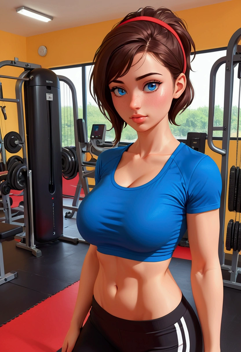 20 years old woman, Short brown hair, Méditerranéenne aux blue eye, Generous and heavy breasts, slender waist, estomac defini, fesses rebondies et pulpeuses, naturally curved, muscular thighs, aguicheuse, in the gym, Selfie, short noir et teeshirt rouge , blue eye, sweaty, side view, red hairband