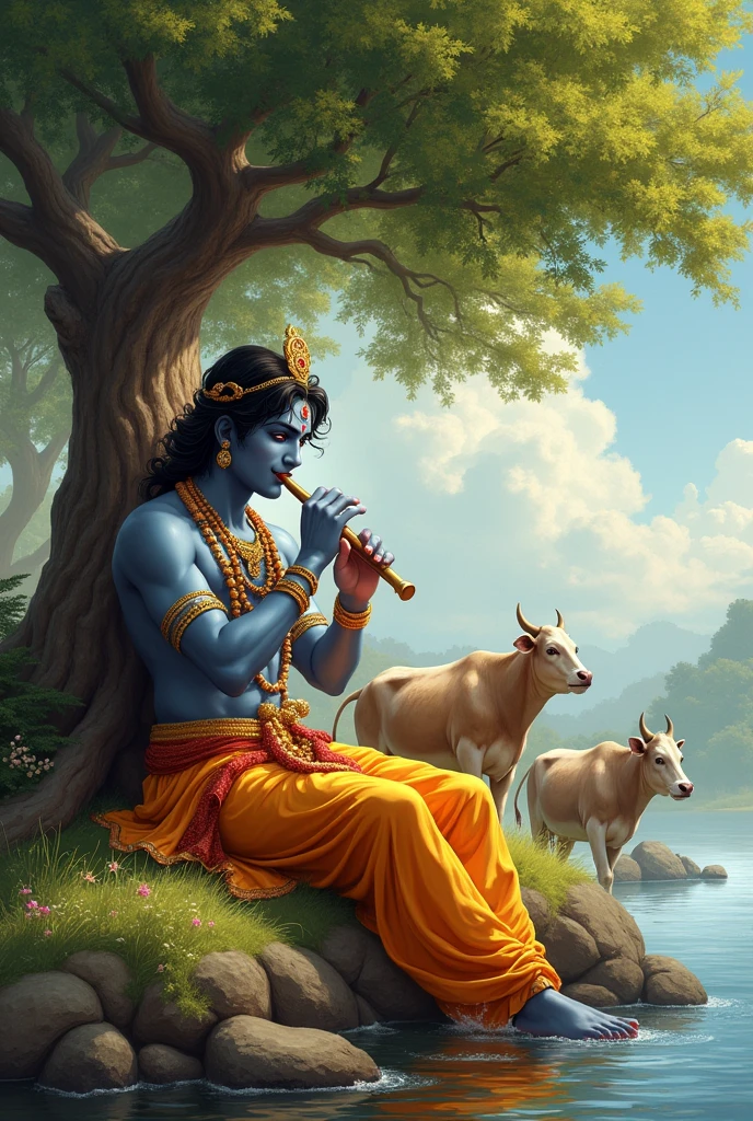 Lord Krishna is sitting under a tree near  the river and playing the flute and many cows are roaming around.
