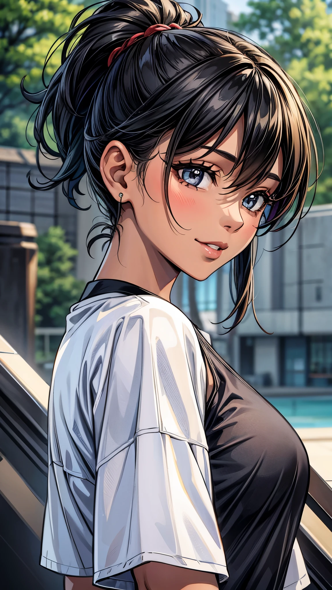 ((From side2.0,Look Away),(( girl)),((whole body)),Beautiful attention to detail, Beautiful lip detail,One of the Japanese girl,In the park,((Dark skin tone 2.0)), (Very short black hair),((Lonely Smile)),casual ((Long jersey tops with line,tight mini skirt)),((High-top sneakers)),quality, 4K, 8k, High resolution, masterpiece:1.2, Very detailed, Realistic, photoRealistic, photo-Realistic:1.37, High resolution, High resolution, Studio Lighting, Ultra-fine painting, Sharp focus, Physically Based Rendering, Very detailed explanation, Professional, Vibrant colors, bokeh, Portraiture