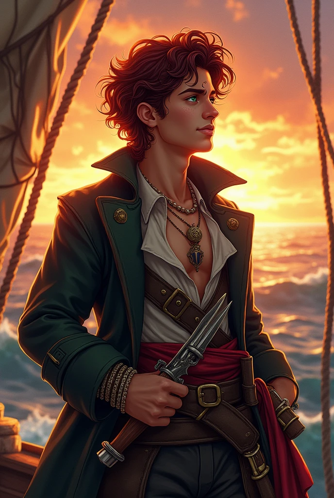 Generate the image of a pirate for a DnD campaign total body. A male pirate around 20 years old with an excited face. He has mid length dark red curly hair, without any type of facial hair. His eyes are emerald green, and he has a small scar on the bridge of his nose. He’s wearing a dark trench coat, under the coat a soft shirt half open, he’s wearing a belt with a red band, on the side he had two sabers and two XVI century guns. He’s wearing many bracelets and necklaces, he has many tattoo. He’s on the top of the main mast of his boat looking at the sunset