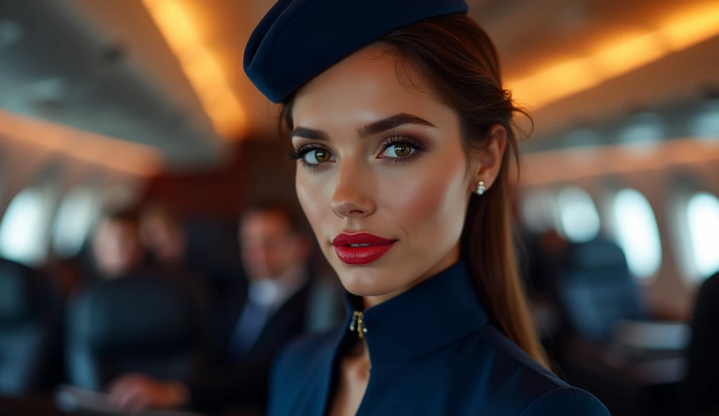 a beautiful female hostess in a flight, DJ DJing, wearing dark blur flight attendant uniform detailed realistic portrait, high quality, photorealistic, extremely detailed eyes and face, long eyelashes, mature elegant expression, red lips, flight attendant uniform, standing in an airplane interior, warm lighting, intricate details,, 8k