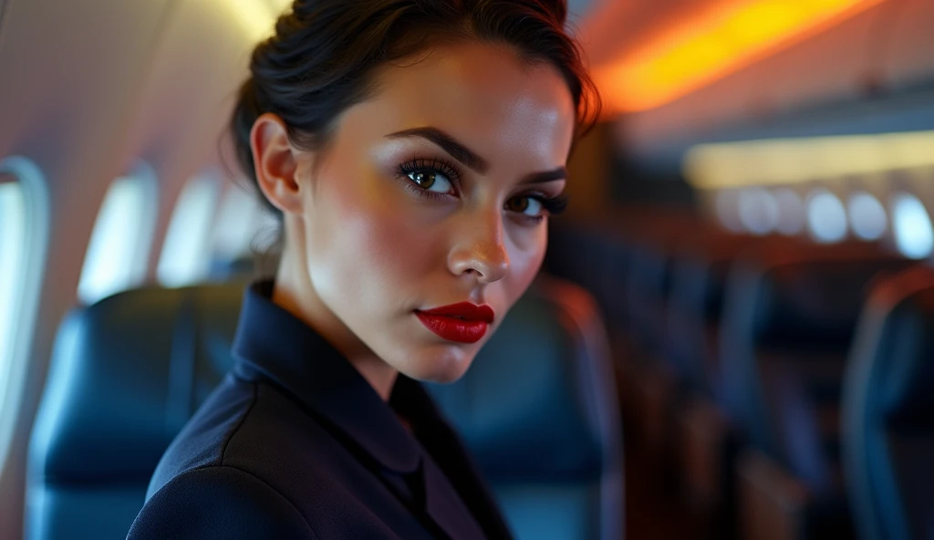 a beautiful female hostess in a flight, DJ DJing, wearing dark blur flight attendant uniform detailed realistic portrait, high quality, photorealistic, extremely detailed eyes and face, long eyelashes, mature elegant expression, red lips, flight attendant uniform, standing in an airplane interior, warm lighting, intricate details,, 8k