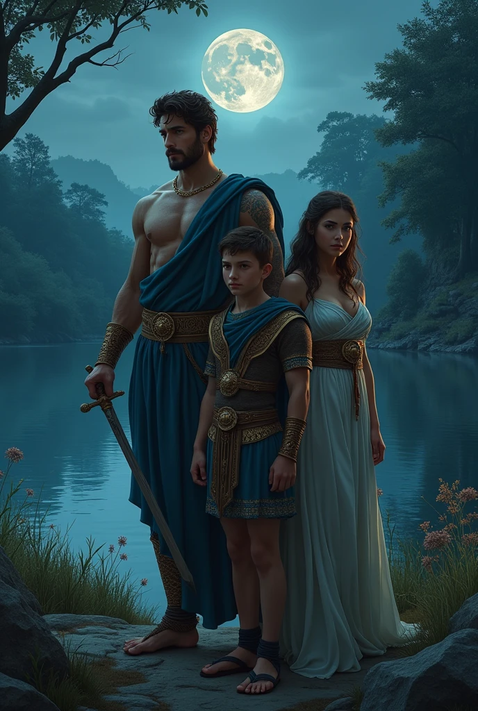 A handsome Greek god, a young man with a sword and a woman, it was night near the river

