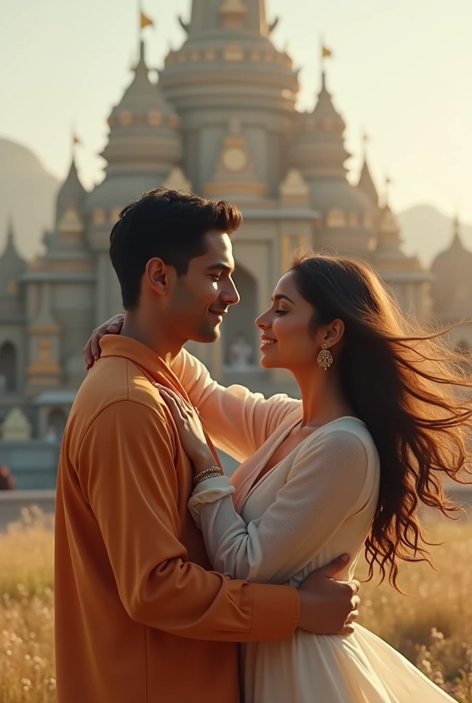 A couple at the temple the name of temple is iscon  men scrolling on her hair and  the women hugging him and they both are making eye contact  they are standing some distance from the temple with the open sky 