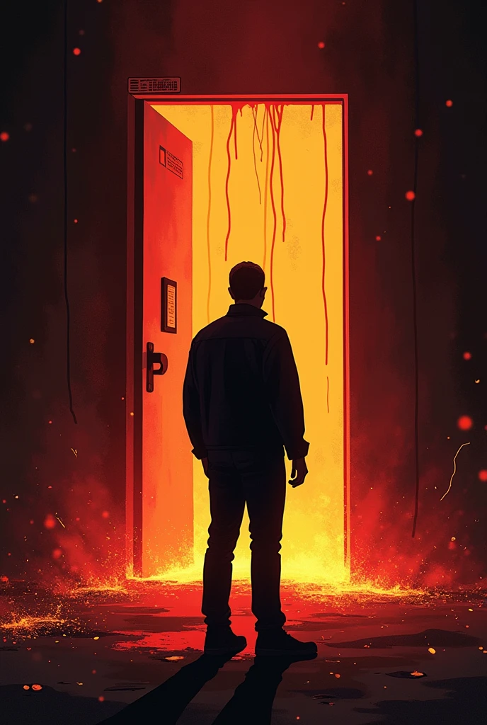 "A powerful, minimalist scene inspired by Stranger Things Season 3, in the style of Olly Moss. The image captures the moment of Hopper’s sacrifice in the secret Russian lab beneath Starcourt Mall. Hopper stands silhouetted against the glowing, sparking energy of the machine, which is rendered in simple, bold lines. His figure is black, strong, and resolute, with the bright, dangerous energy of the machine creating a stark contrast. In the background, the ominous doorway to the Upside Down is faintly visible, with tendrils of dark energy creeping out. The composition uses deep reds, oranges, and blacks, emphasizing the gravity and emotion of the moment, all in a clean, minimalist style."