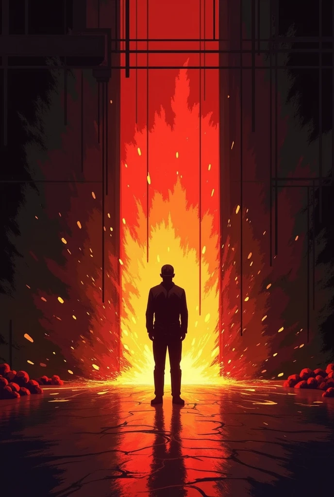 "A powerful, minimalist scene inspired by Stranger Things Season 3, in the style of Olly Moss. The image captures the moment of Hopper’s sacrifice in the secret Russian lab beneath Starcourt Mall. Hopper stands silhouetted against the glowing, sparking energy of the machine, which is rendered in simple, bold lines. His figure is black, strong, and resolute, with the bright, dangerous energy of the machine creating a stark contrast. In the background, the ominous doorway to the Upside Down is faintly visible, with tendrils of dark energy creeping out. The composition uses deep reds, oranges, and blacks, emphasizing the gravity and emotion of the moment, all in a clean, minimalist style."