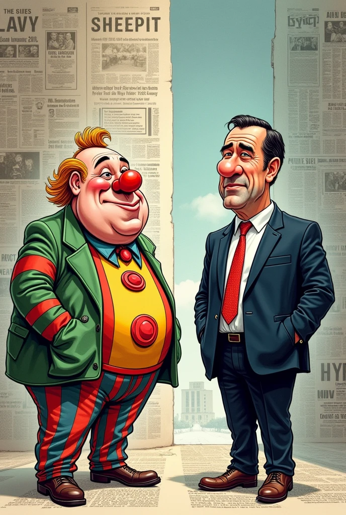 We want our pruncipal not new one news paper cartoon poster with two principal one is fat clown and othe is handsome gentlemen